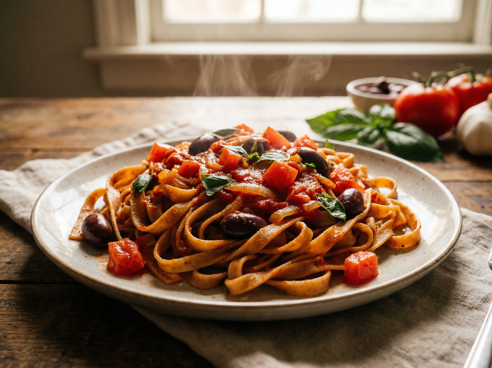 Tallarines integrales con tomate fresco y albahaca