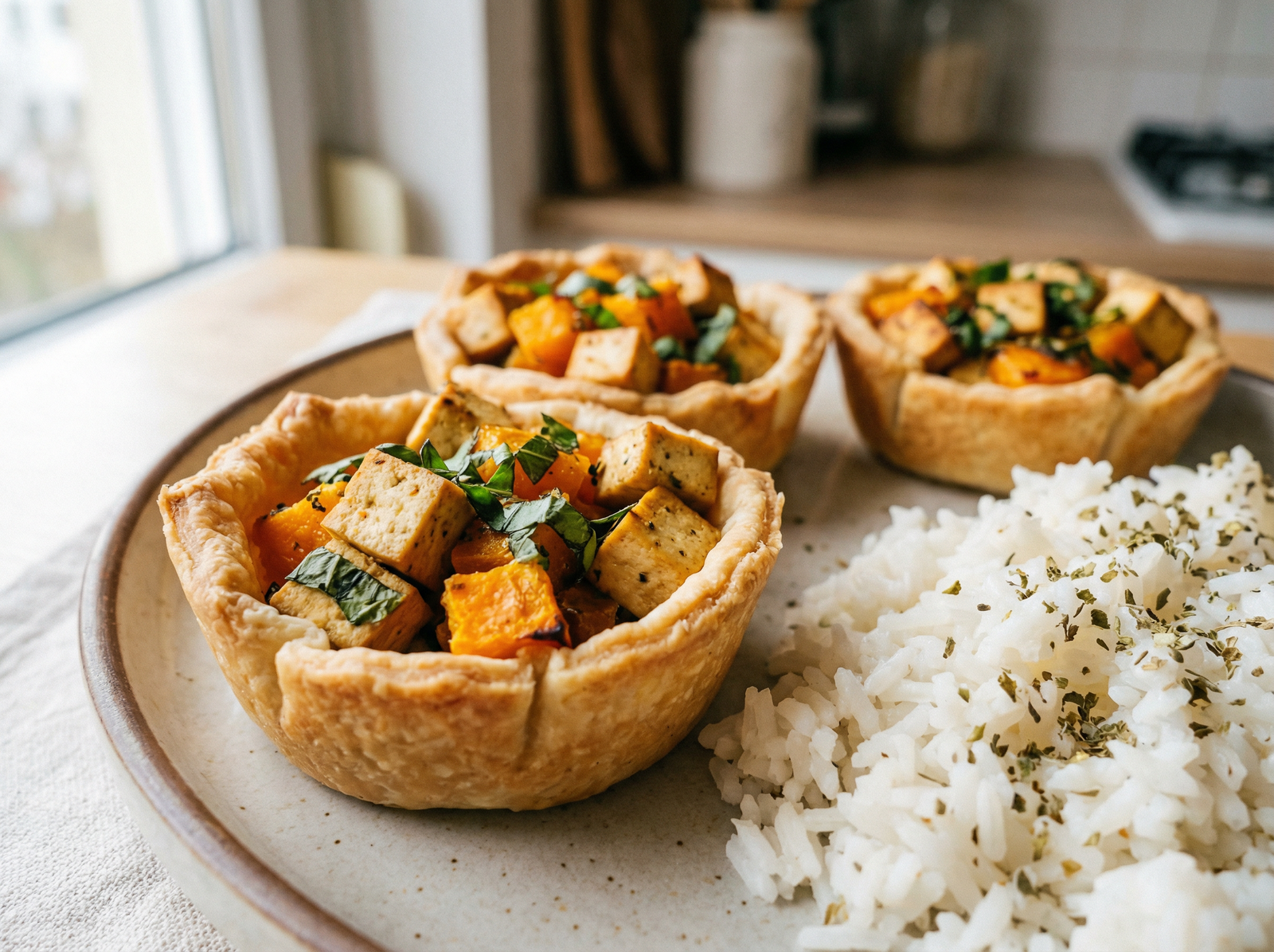 Tarteletas Rellenas con Tofu, Calabaza y Albahaca Acompañadas de Arroz al Orégano