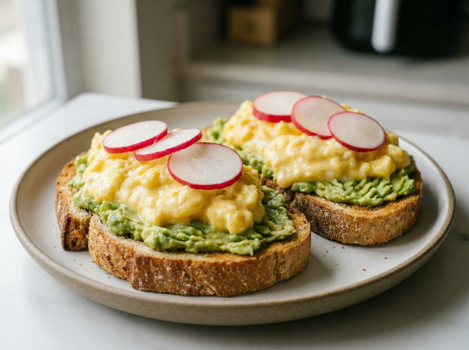 Tostadas con Palta, Huevos Revueltos y Rabanito