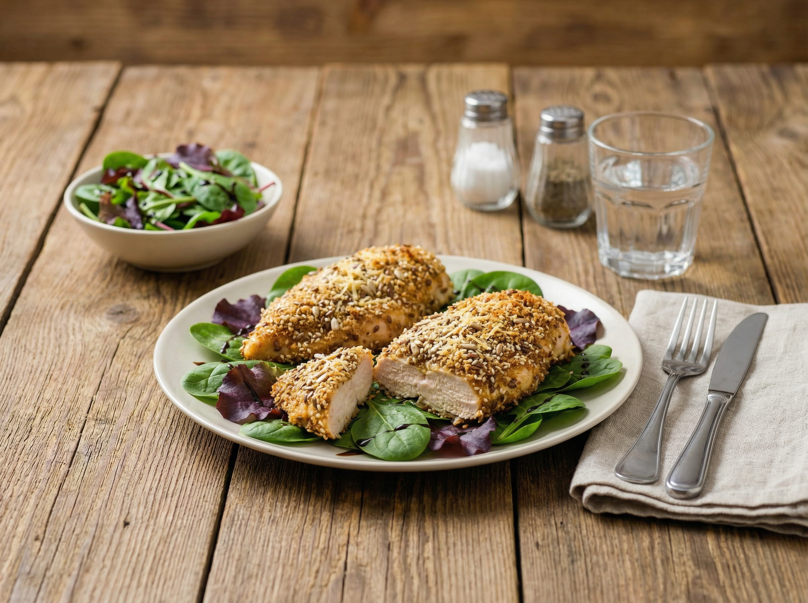 Pechuguitas con Croute de Semillas y Queso con Colchón de Espinacas