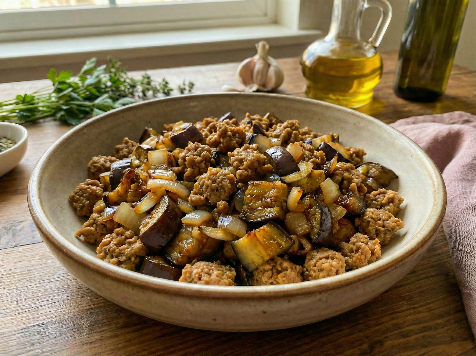 Salteado de berenjenas con soja texturizada