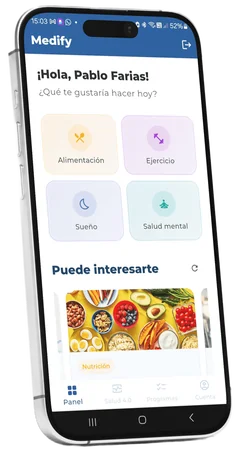 Pantalla de inicio de la app Medify en un celular, con accesos a alimentación, ejercicio, sueño y salud mental